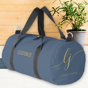 Monogram Modern Navy Blue Gold Elegant Script Duffle Bag