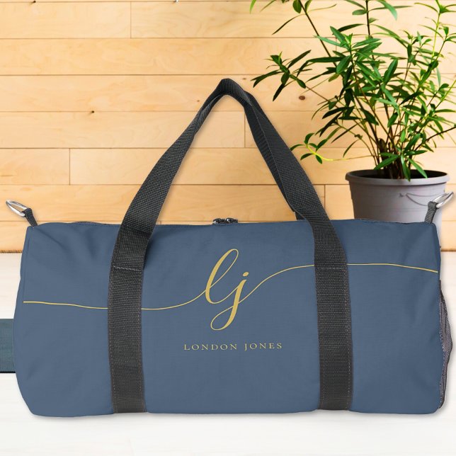 Monogram Modern Navy Blue Gold Script Stylish Duffle Bag (Creator Uploaded)