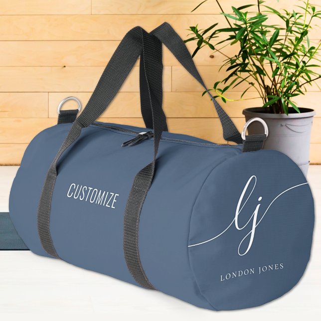 Monogram Modern Navy Blue White Elegant Script Duffle Bag (Creator Uploaded)