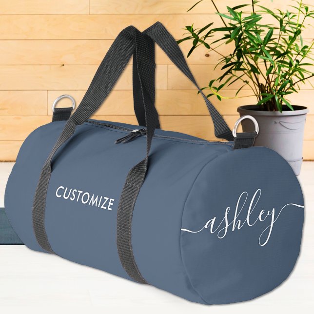 Monogram Modern Navy Blue White Script Calligraphy Duffle Bag (Creator Uploaded)