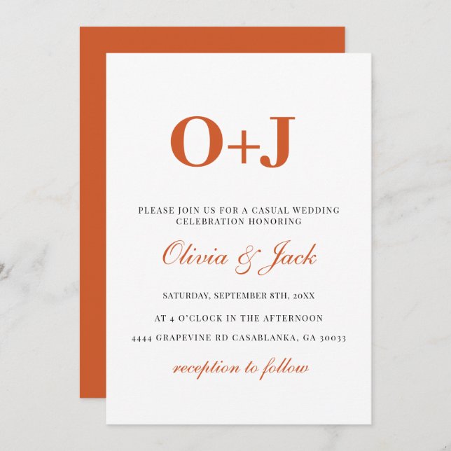 Monogram modern Orange Minimalist Casual Wedding  Invitation (Front/Back)