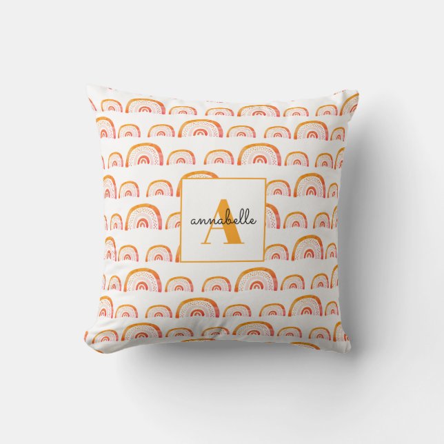 Monogram Modern Orange Watercolor Rainbow Cushion (Front)