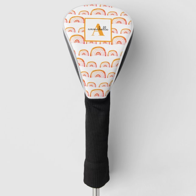 Monogram Modern Orange Watercolor Rainbow Golf Head Cover (Front)