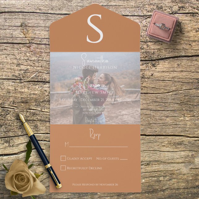 Monogram Modern Photo Burnt Orange No Dinner All In One Invitation (Creator Uploaded)