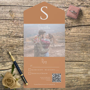Monogram Modern Photo Burnt Orange QR Code All In One Invitation