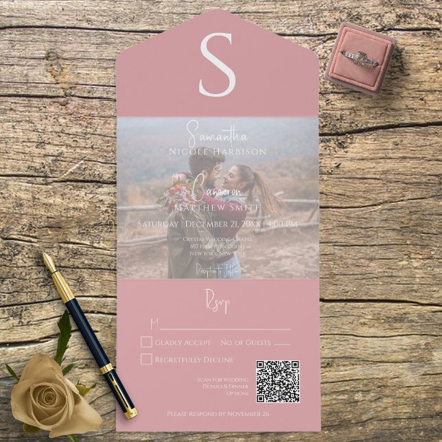 Monogram Modern Photo Dusty Pink QR Code All In One Invitation (Creator Uploaded)