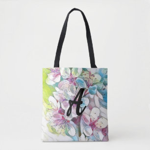 Monogram Modern Pink Cherry Blossom Watercolor Tote Bag