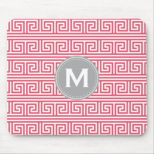 Monogram Modern Pink Greek Key Pattern Mouse Pad