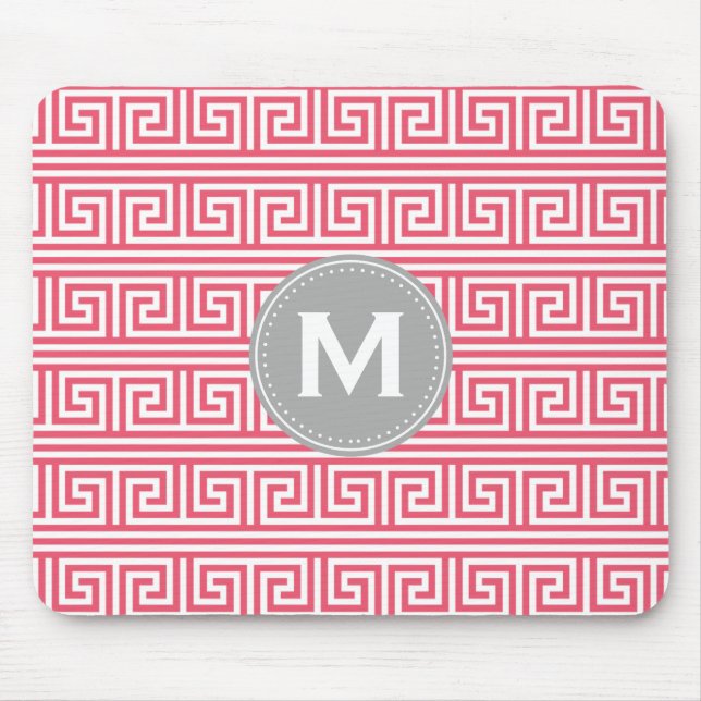 Monogram Modern Pink Greek Key Pattern Mouse Pad (Front)
