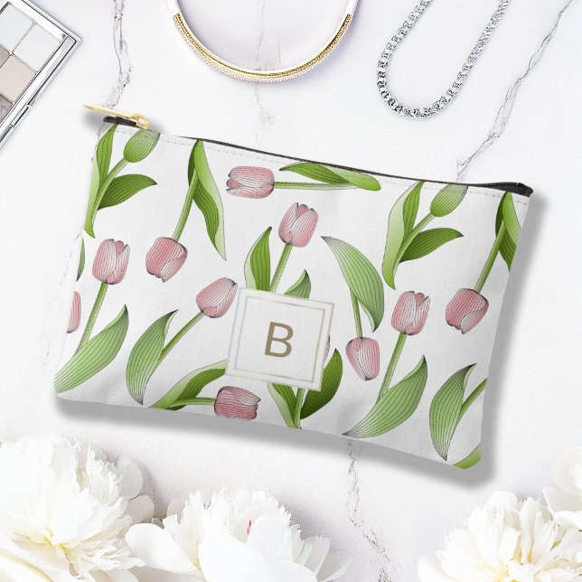 Monogram Modern Pink Tulip Flower Accessory Pouch (Creator Uploaded)