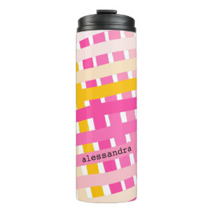 Monogram Modern Pink Yellow Check Plaid Girly  Thermal Tumbler