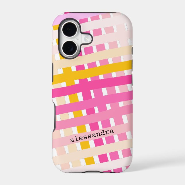 Monogram Modern Pink Yellow Check Plaid Striped  (Back)