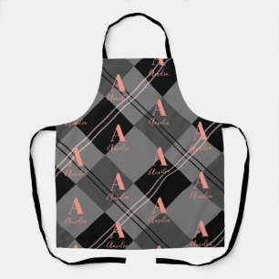 Monogram Modern Plaid Grey Black Pink Apron