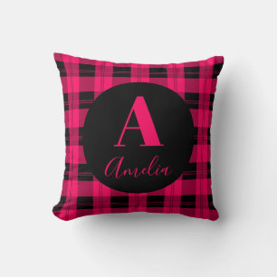 Monogram Modern Plaid Hot Pink Black Cushion