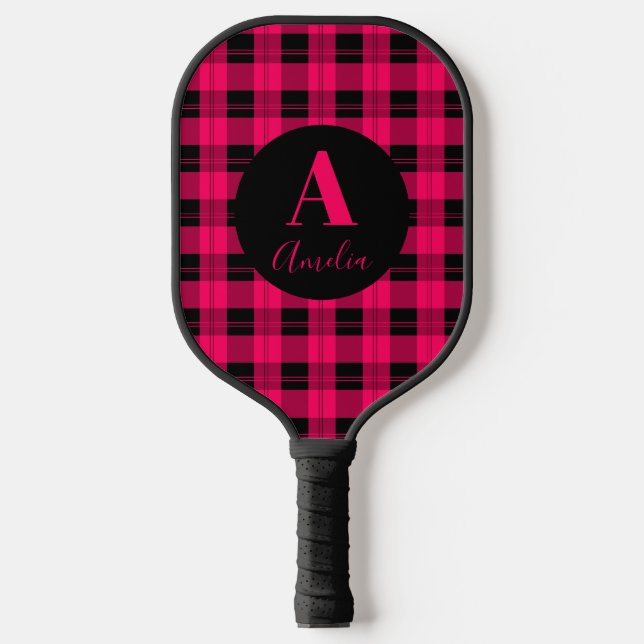 Monogram Modern Plaid Hot Pink Black Pickleball Paddle (Front)
