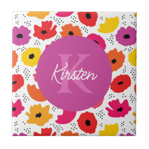 Monogram Modern Poppy Floral Pattern Script Name Ceramic Tile