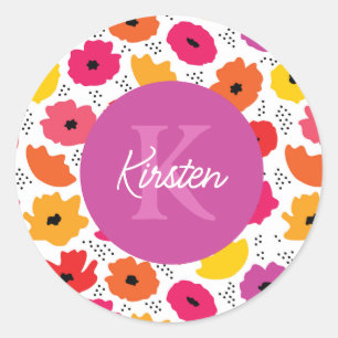 Monogram Modern Poppy Floral Pattern Script Name  Classic Round Sticker
