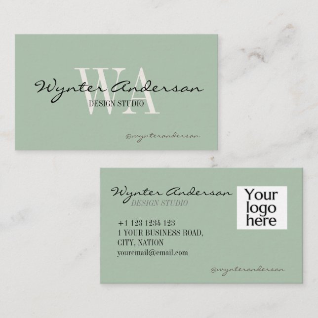 Monogram Modern Sage Minimalist Custom Logo Name Business Card (Front/Back)