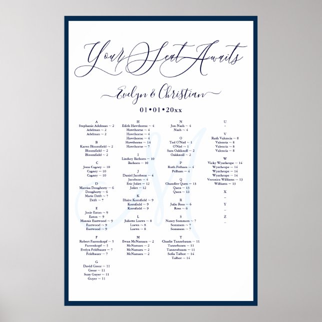 Monogram Modern Script DIY Colour Seating Chart (Front)
