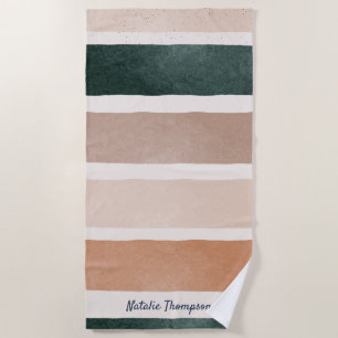 Monogram modern script Earthy stripes summer Beach Towel