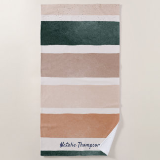 Monogram modern script Earthy stripes summer Beach Towel