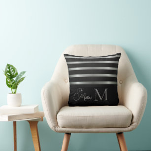 Monogram Modern Silver Stripes Family Name Cushion