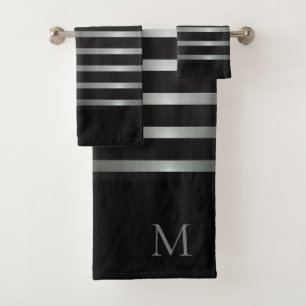 Monogram Modern Silver Stripes on Black Bath Towel Set