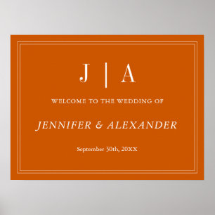 Monogram Modern Simple Burnt Orange White Wedding Poster