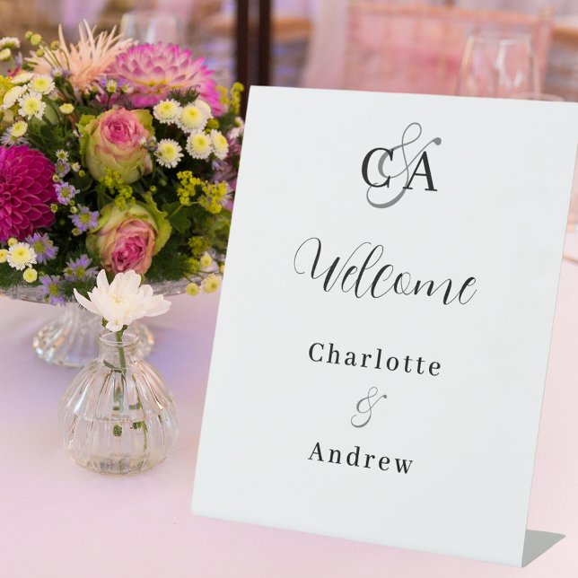 Monogram modern simple wedding welcome pedestal sign (Creator Uploaded)