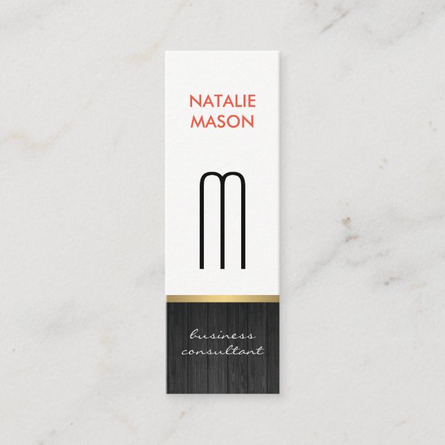 Monogram Modern Sleek Wood Gold Trim Mini Business Card (Front)