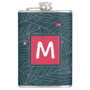 Monogram Modern Spruce and Berries Custom Holiday Hip Flask