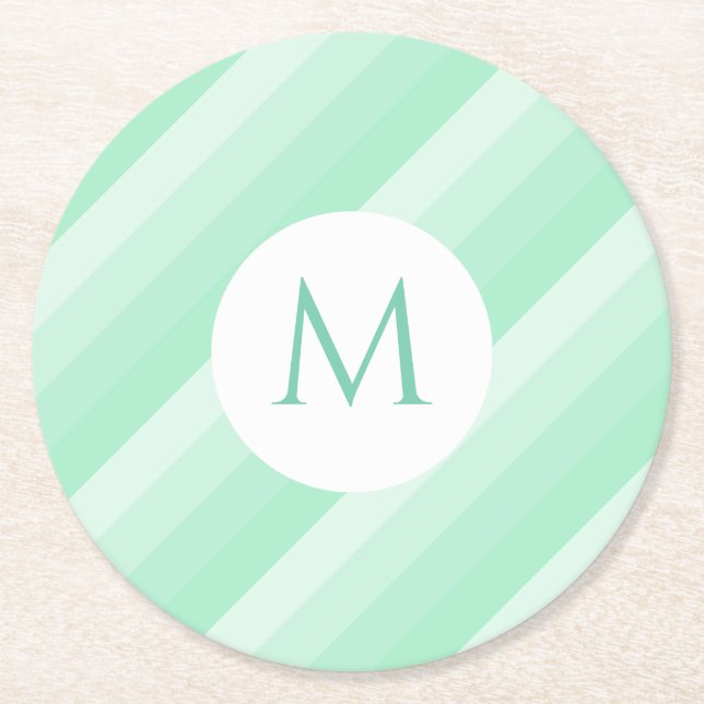 Monogram Modern Template Mint Green Stripes Trendy Round Paper Coaster (Front)