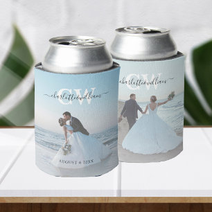 Monogram Modern Trendy 2 Photo Wedding Favours Can Cooler