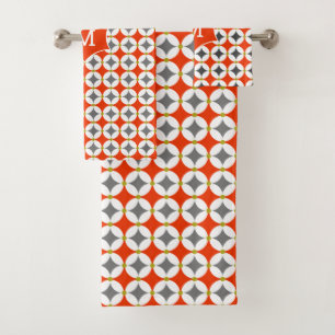 Monogram Modern Trendy Geometric Orange Grey Bath Towel Set