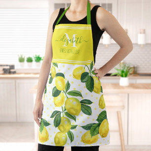 Monogram modern trendy lemon watercolor polka dot apron
