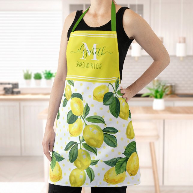 Monogram modern trendy lemon watercolor polka dot apron (Creator Uploaded)