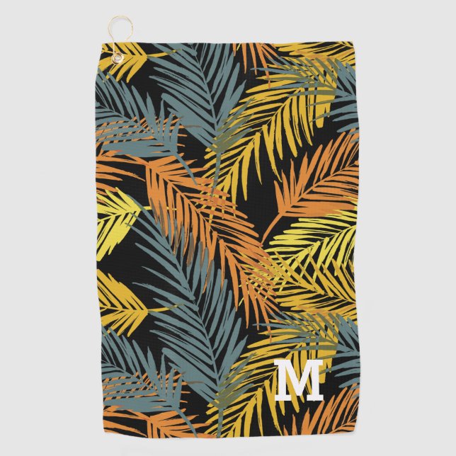 Monogram Modern Tropical Palm Pattern Golf Towel (Front)