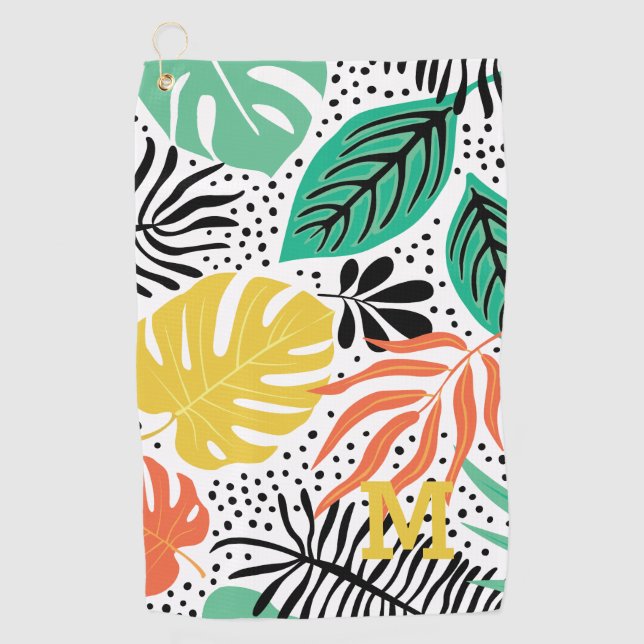 Monogram Modern Tropical Palm Pattern Golf Towel (Front)