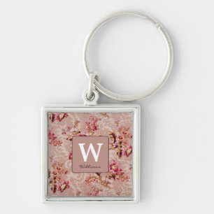 Monogram modern vintage Cute floral for her pink Key Ring