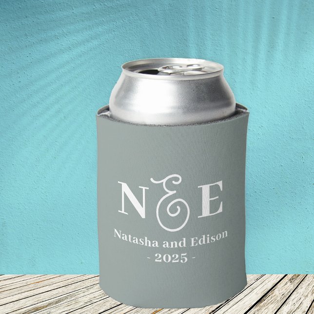 Monogram Modern Wedding Sage Green Can Cooler (Personalize with Your Custom Monogram Initials, Names & Year.)