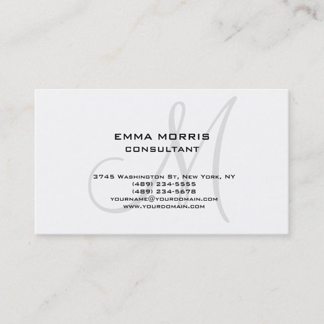 Monogram Modern White Simple Consultant Business Card (Front)