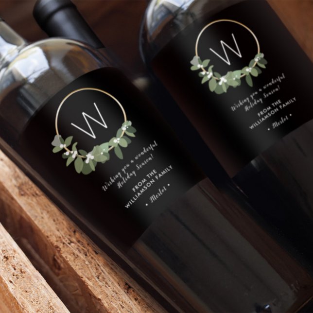 Monogram Modern wreath Personalised Christmas Wine Label (Monogram Wine label wreath for Christmas.)