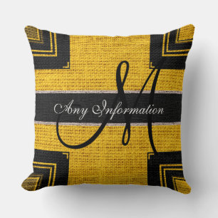 Monogram Modern Yellow & Black Burlap Rustic Jute Cushion