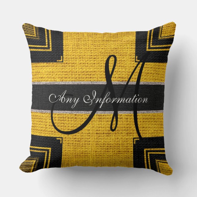 Monogram Modern Yellow & Black Burlap Rustic Jute Cushion (Front)
