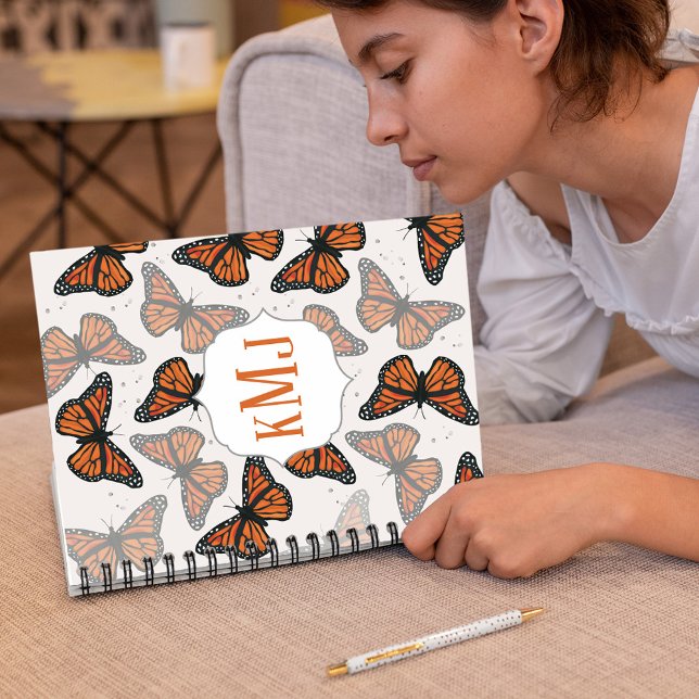 Monogram Monarch Butterflies Custom Notebook (Botanical monarch butterflies spiral notebook)