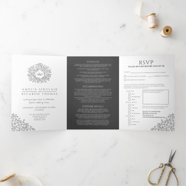 Monogram mono leaves wedding all-in-one Tri-Fold invitation (Inside)