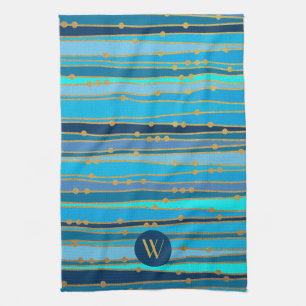 Monogram Monochrome Blue Wave Stripe Faux Gold Dot Tea Towel