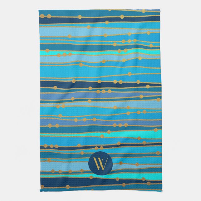 Monogram Monochrome Blue Wave Stripe Faux Gold Dot Tea Towel (Vertical)