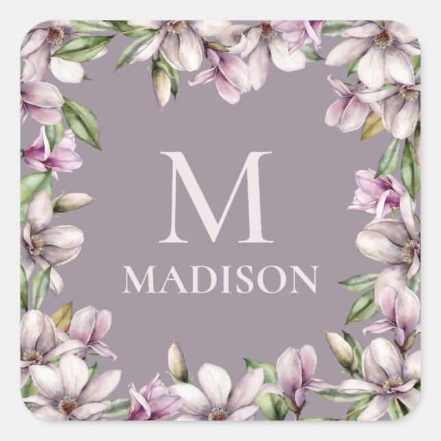 Monogram Monogrammed Magnolia Floral Personalised Square Sticker (Front)