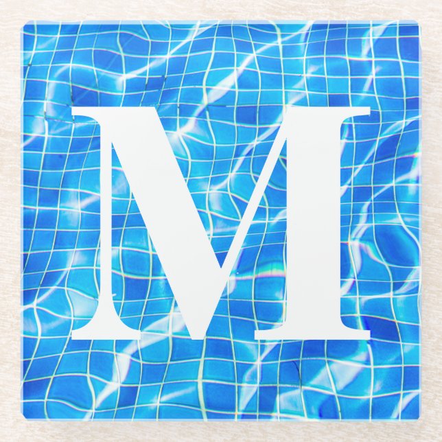 Monogram Monogrammed Swimming Blue Pool Aquatic Glass Coaster (Front)